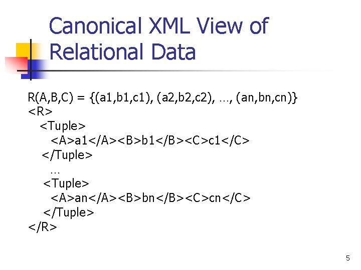 Canonical XML View of Relational Data R(A, B, C) = {(a 1, b 1,