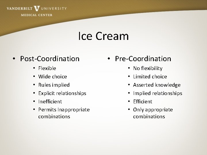 Ice Cream • Post-Coordination • • • Flexible Wide choice Rules implied Explicit relationships