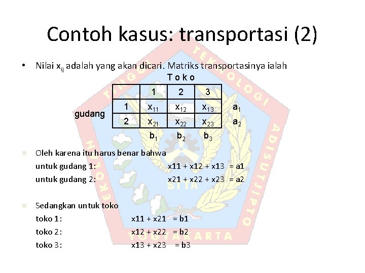 Contoh kasus: transportasi (2) • Nilai xij adalah yang akan dicari. Matriks transportasinya ialah