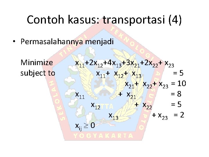 Contoh kasus: transportasi (4) • Permasalahannya menjadi Minimize subject to x 11+2 x 12+4