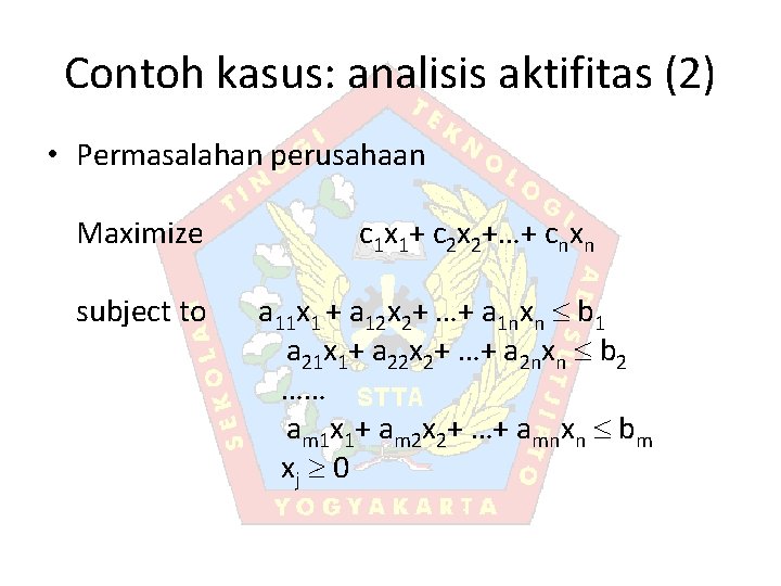 Contoh kasus: analisis aktifitas (2) • Permasalahan perusahaan Maximize subject to c 1 x