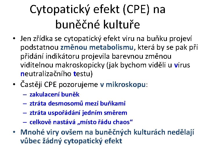 Cytopatický efekt (CPE) na buněčné kultuře • Jen zřídka se cytopatický efekt viru na