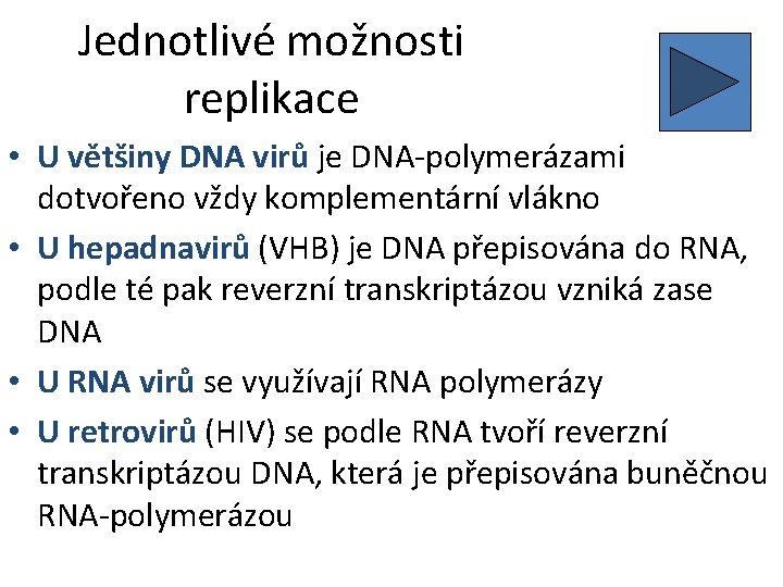 Jednotlivé možnosti replikace • U většiny DNA virů je DNA-polymerázami dotvořeno vždy komplementární vlákno