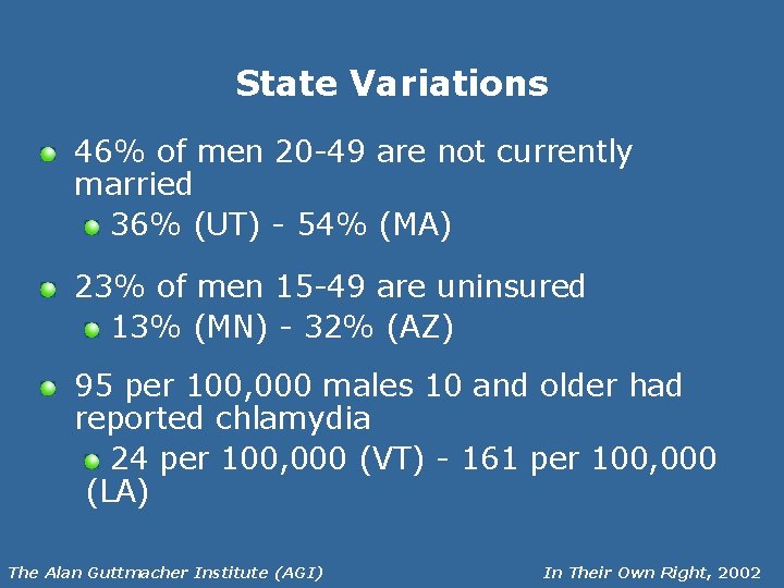 State Variations 46% of men 20 -49 are not currently married 36% (UT) -