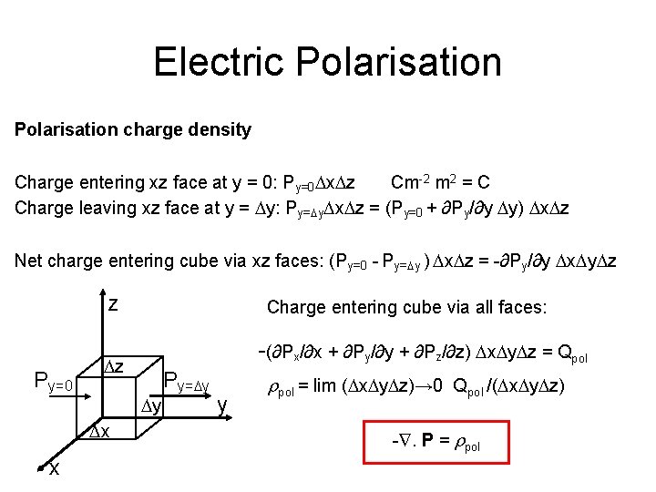 Electric Polarisation charge density Charge entering xz face at y = 0: Py=0 Dx.