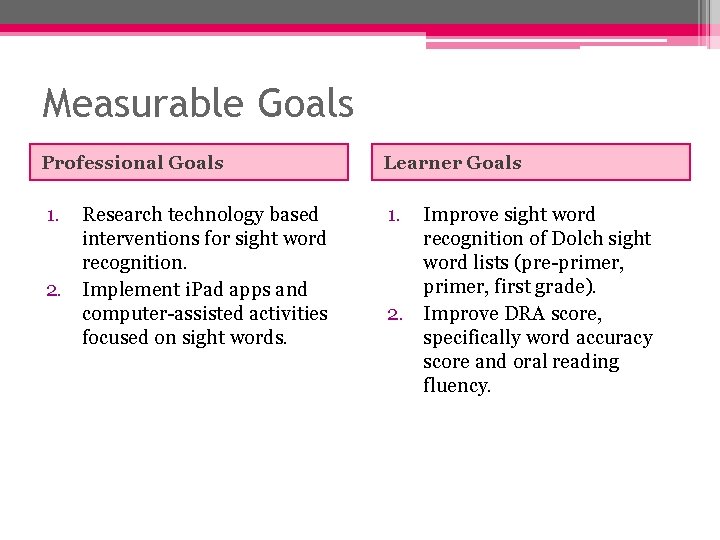 Measurable Goals Professional Goals Learner Goals 1. Research technology based interventions for sight word