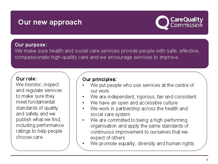 Our new approach Our purpose: We make sure health and social care services provide