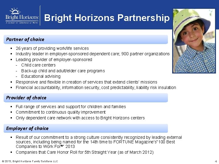 Bright Horizons Partnership Partner of choice § 26 years of providing work/life services §