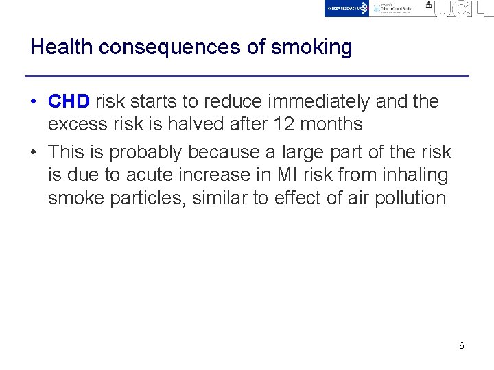 Health consequences of smoking • CHD risk starts to reduce immediately and the excess