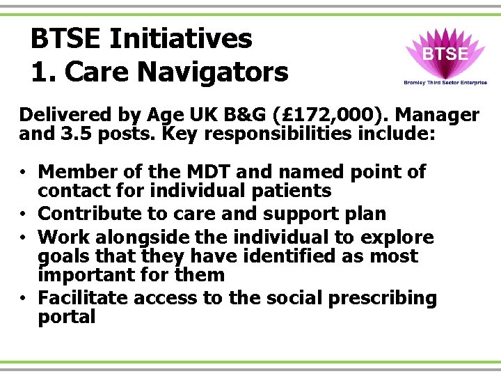 BTSE Initiatives 1. Care Navigators Delivered by Age UK B&G (£ 172, 000). Manager