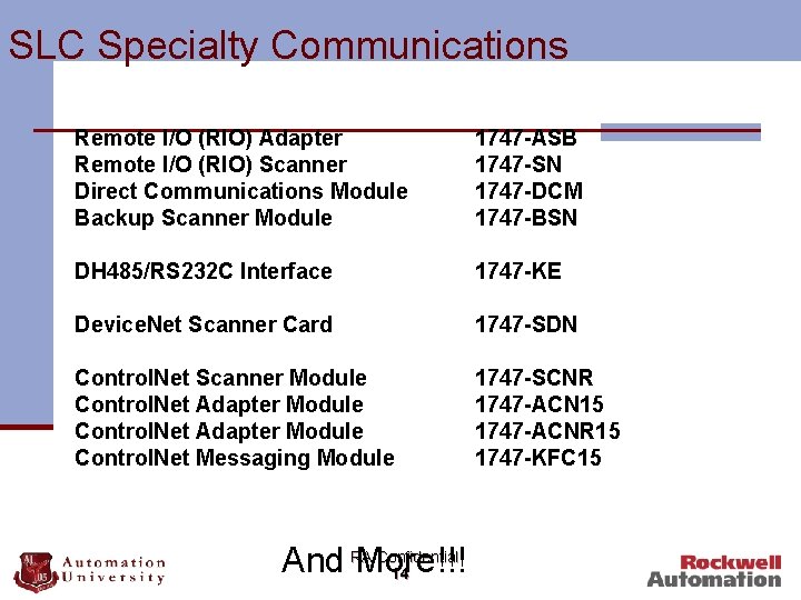 SLC Specialty Communications Remote I/O (RIO) Adapter Remote I/O (RIO) Scanner Direct Communications Module