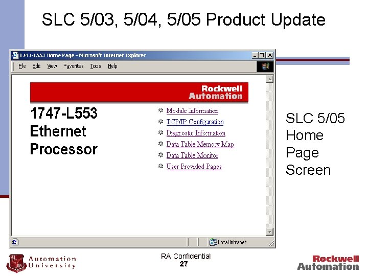 SLC 5/03, 5/04, 5/05 Product Update SLC 5/05 Home Page Screen RA Confidential 27