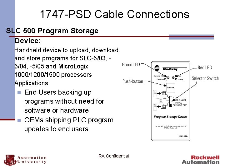 1747 -PSD Cable Connections SLC 500 Program Storage Device: n n Handheld device to