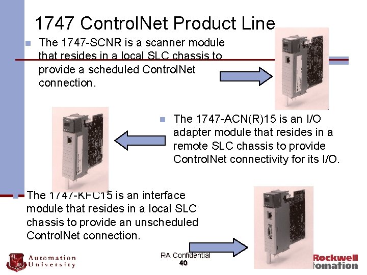 1747 Control. Net Product Line n The 1747 -SCNR is a scanner module that