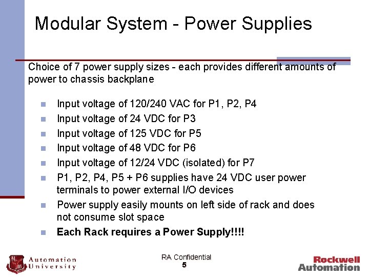 Modular System - Power Supplies Choice of 7 power supply sizes - each provides