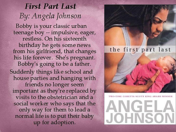 First Part Last By: Angela Johnson Bobby is your classic urban teenage boy --