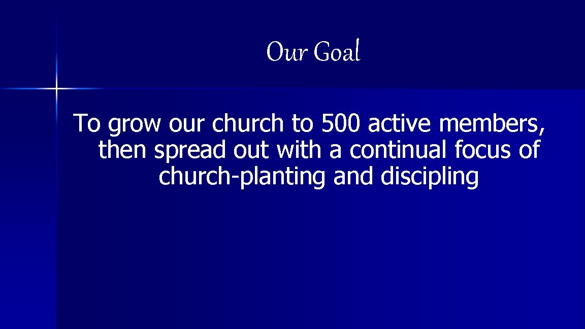 Our Goal To grow our church to 500 active members, then spread out with