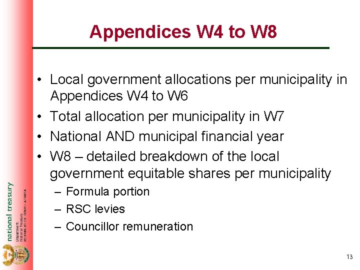 Appendices W 4 to W 8 • Local government allocations per municipality in Appendices