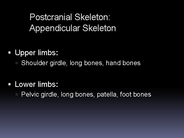 Postcranial Skeleton: Appendicular Skeleton Upper limbs: Shoulder girdle, long bones, hand bones Lower limbs: