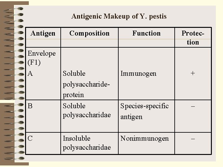 Antigenic Makeup of Y. pestis Antigen Composition Function Protection Envelope (F 1) A B