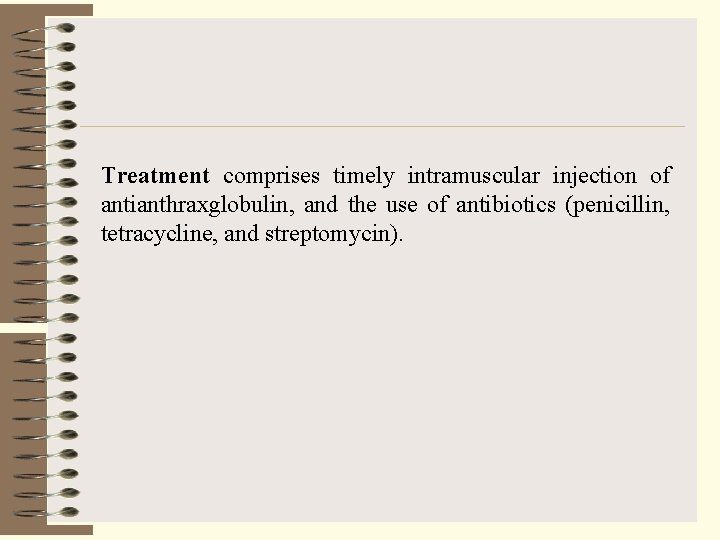 Treatment comprises timely intramuscular injection of antianthraxglobulin, and the use of antibiotics (penicillin, tetracycline,