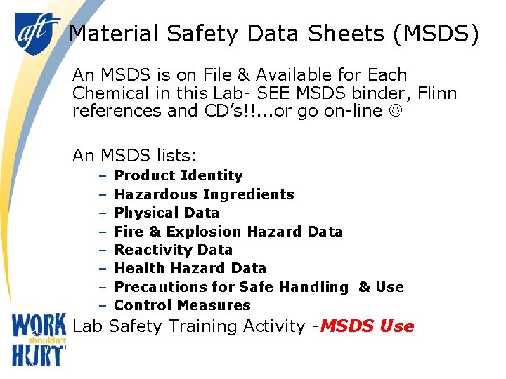 Material Safety Data Sheets (MSDS) An MSDS is on File & Available for Each