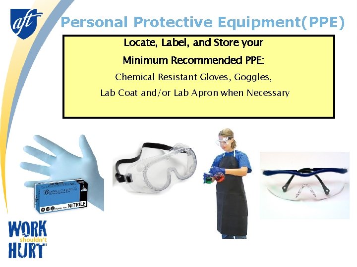 Personal Protective Equipment(PPE) Locate, Label, and Store your Minimum Recommended PPE: Chemical Resistant Gloves,