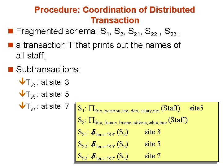 Procedure: Coordination of Distributed Transaction n Fragmented schema: S 1, S 21, S 22 Procedure: Coordination of Distributed Transaction n Fragmented schema: S 1, S 21, S 22