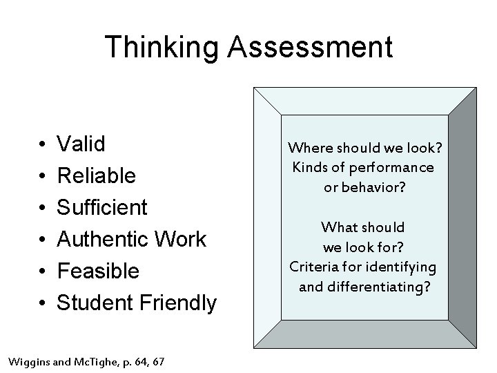 Thinking Assessment • • • Valid Reliable Sufficient Authentic Work Feasible Student Friendly Wiggins