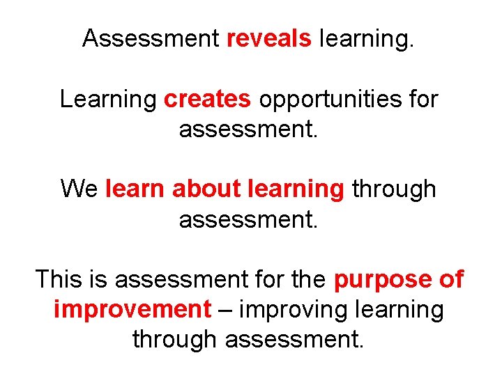 Assessment reveals learning. Learning creates opportunities for assessment. We learn about learning through assessment.
