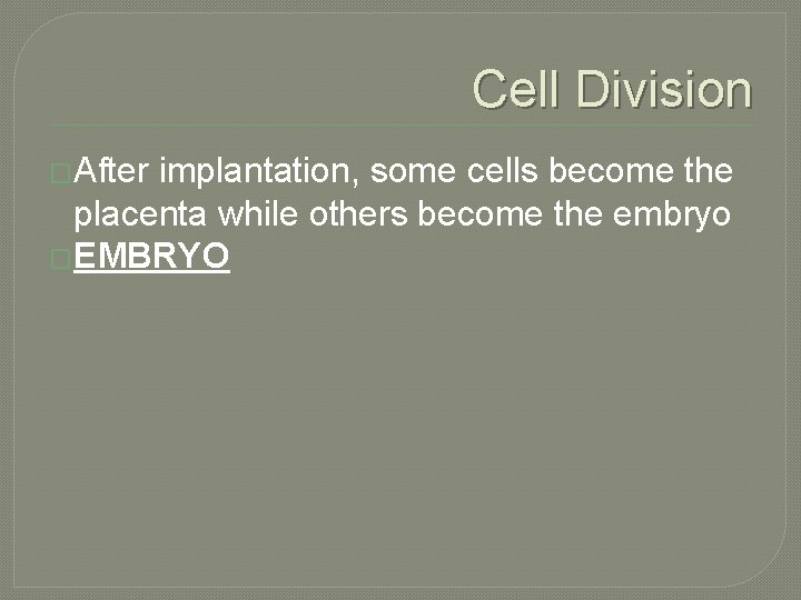 Cell Division �After implantation, some cells become the placenta while others become the embryo