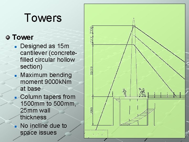 Towers Tower n n Designed as 15 m cantilever (concretefilled circular hollow section) Maximum