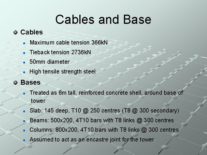 Cables and Base Cables n Maximum cable tension 366 k. N n Tieback tension