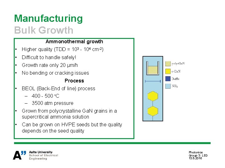 Manufacturing Bulk Growth Ammonothermal growth • Higher quality (TDD = 103 - 104 cm-2)