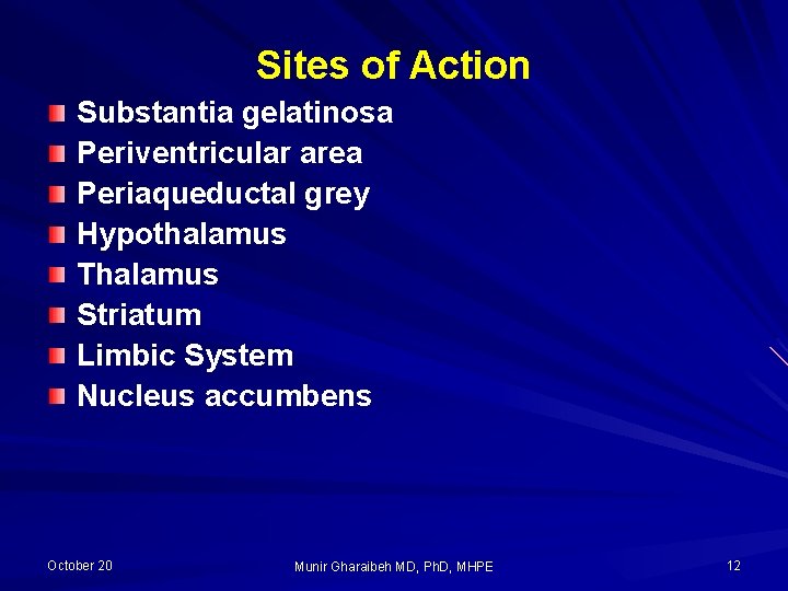 Sites of Action Substantia gelatinosa Periventricular area Periaqueductal grey Hypothalamus Thalamus Striatum Limbic System