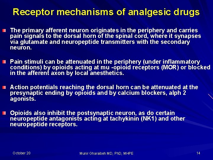 Receptor mechanisms of analgesic drugs The primary afferent neuron originates in the periphery and
