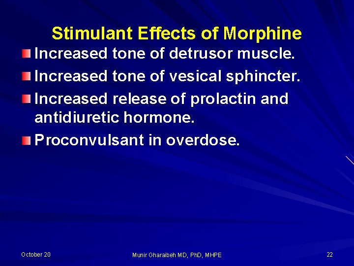 Stimulant Effects of Morphine Increased tone of detrusor muscle. Increased tone of vesical sphincter.