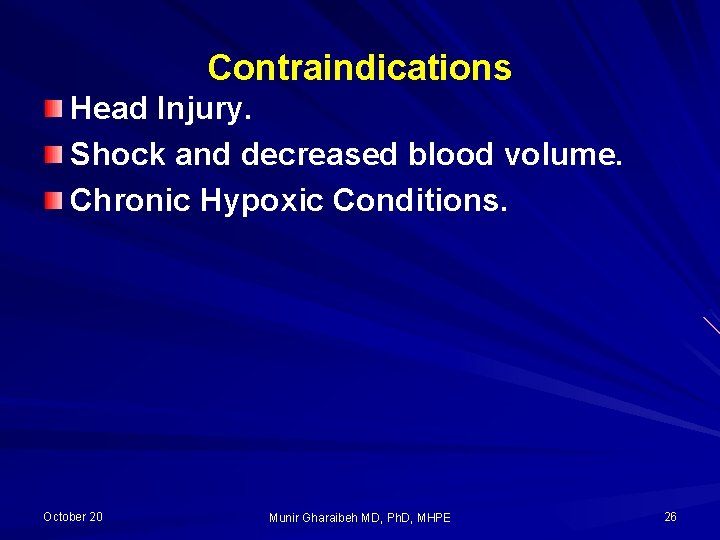 Contraindications Head Injury. Shock and decreased blood volume. Chronic Hypoxic Conditions. October 20 Munir