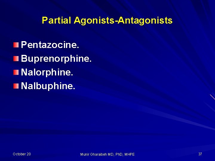Partial Agonists-Antagonists Pentazocine. Buprenorphine. Nalbuphine. October 20 Munir Gharaibeh MD, Ph. D, MHPE 37