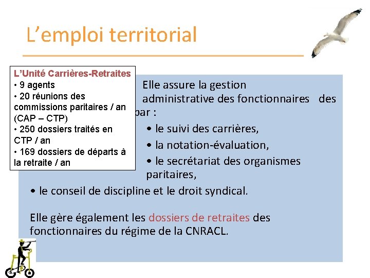 L’emploi territorial L’Unité Carrières-Retraites • 9 agents Elle assure la gestion • 20 réunions