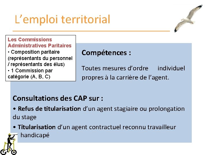 L’emploi territorial Les Commissions Administratives Paritaires • Composition paritaire (représentants du personnel / représentants