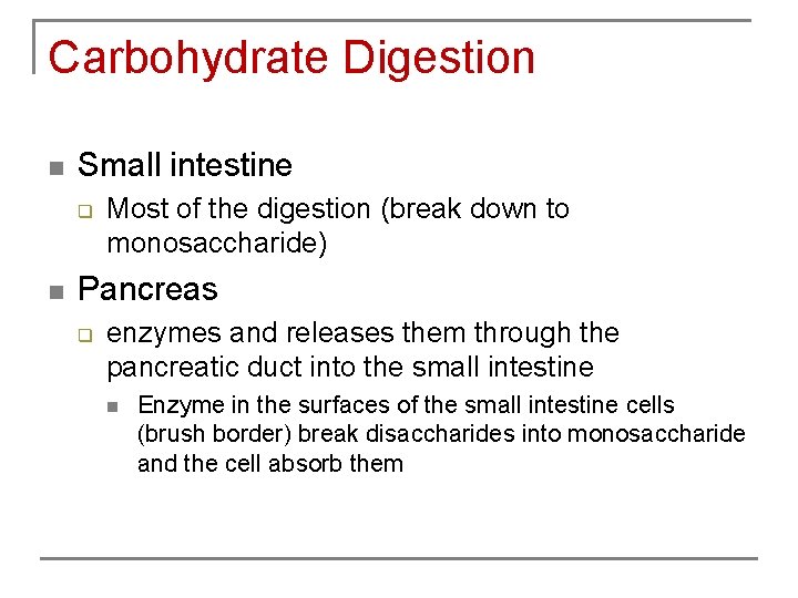 Carbohydrate Digestion n Small intestine q n Most of the digestion (break down to