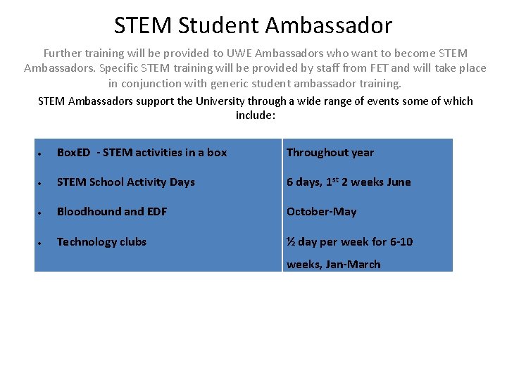 STEM Student Ambassador Further training will be provided to UWE Ambassadors who want to