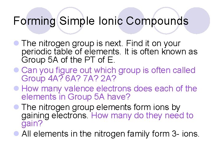 Forming Simple Ionic Compounds l The nitrogen group is next. Find it on your