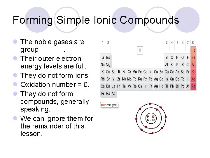 Forming Simple Ionic Compounds l The noble gases are group ______. l Their outer