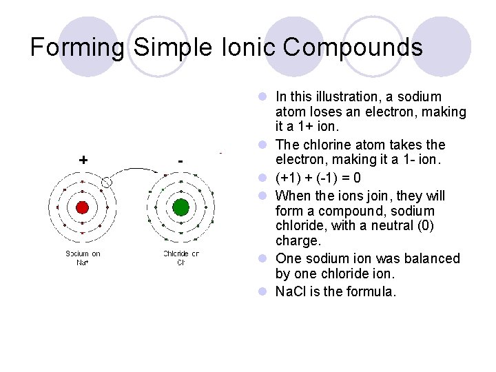 Forming Simple Ionic Compounds l In this illustration, a sodium atom loses an electron,
