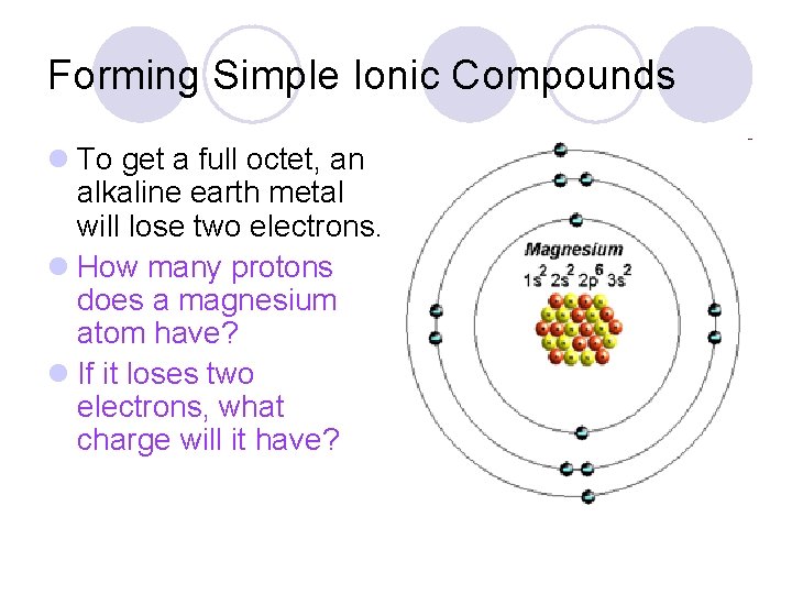 Forming Simple Ionic Compounds l To get a full octet, an alkaline earth metal