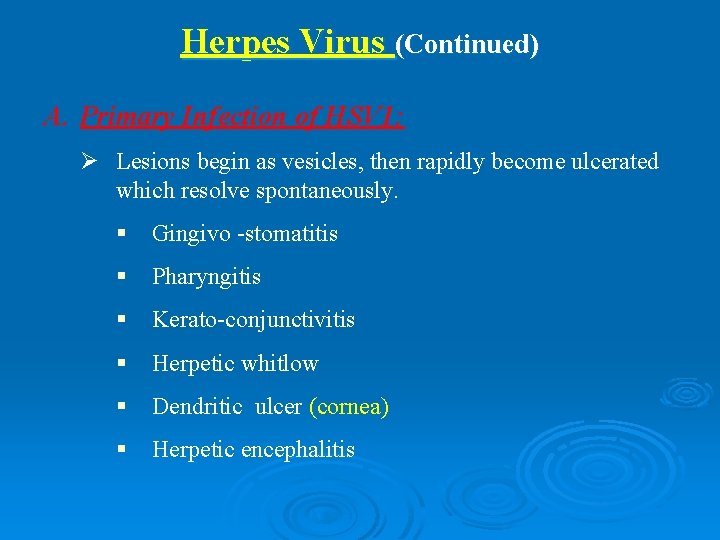 Herpes Virus (Continued) A. Primary Infection of HSV 1: Ø Lesions begin as vesicles,