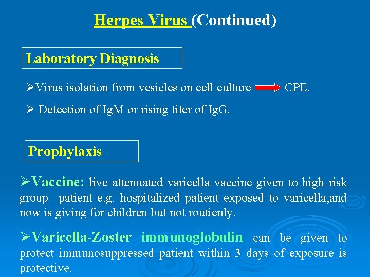 Herpes Virus (Continued) Laboratory Diagnosis ØVirus isolation from vesicles on cell culture CPE. Ø