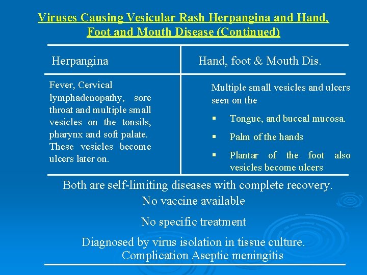 Viruses Causing Vesicular Rash Herpangina and Hand, Foot and Mouth Disease (Continued) Herpangina Hand,